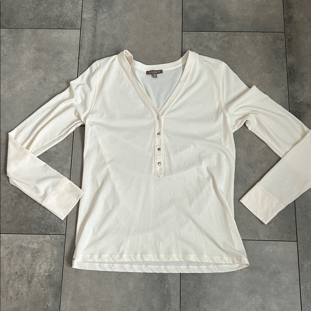 Lilla P cream semi sheer neutral henley long sleeve Small
